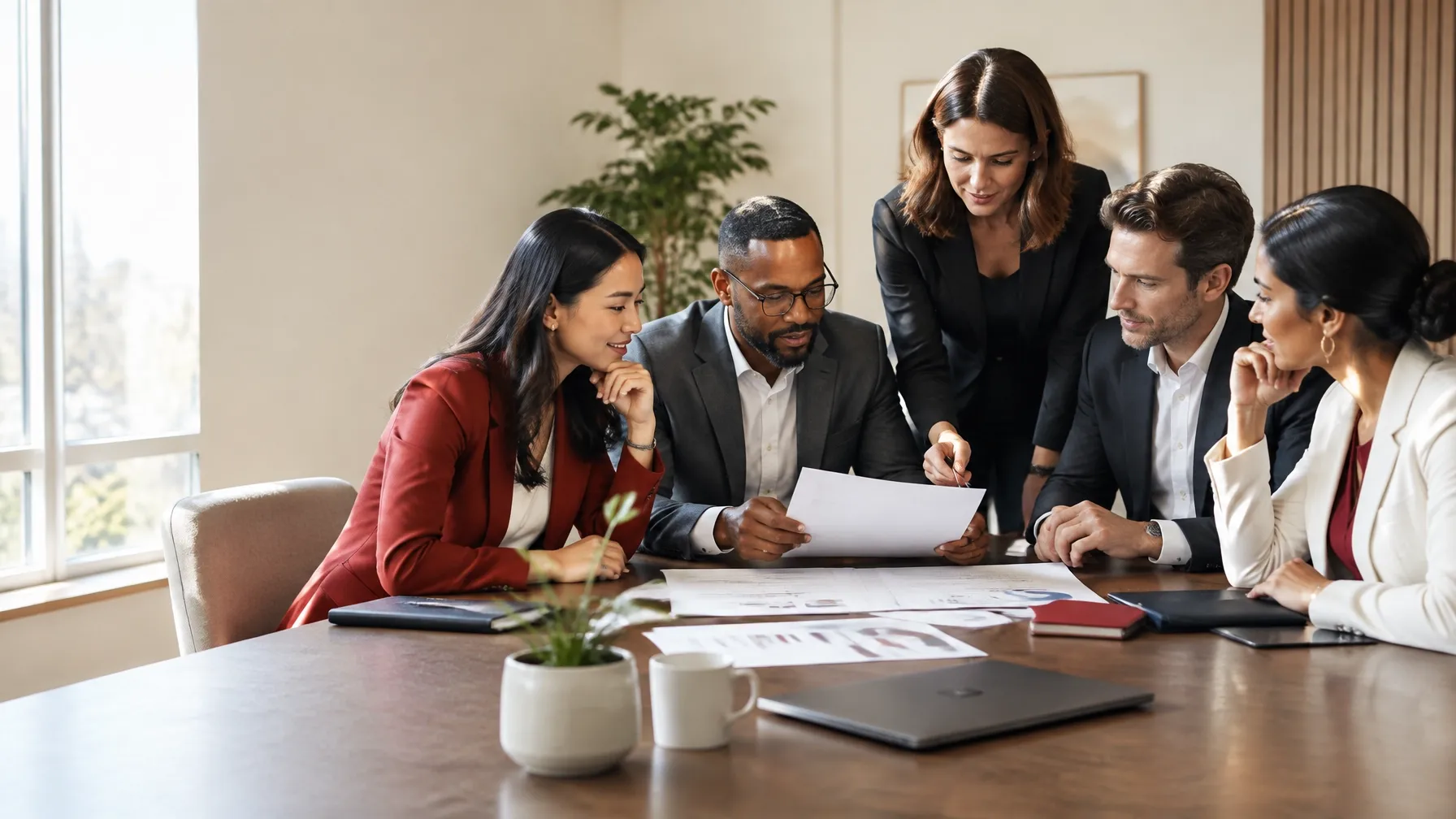 Diverse group of professionals discussing an investment plan around a table