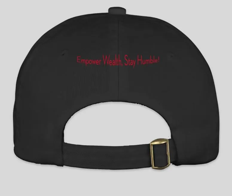 Black ball cap with iconic red and grey logo, back view