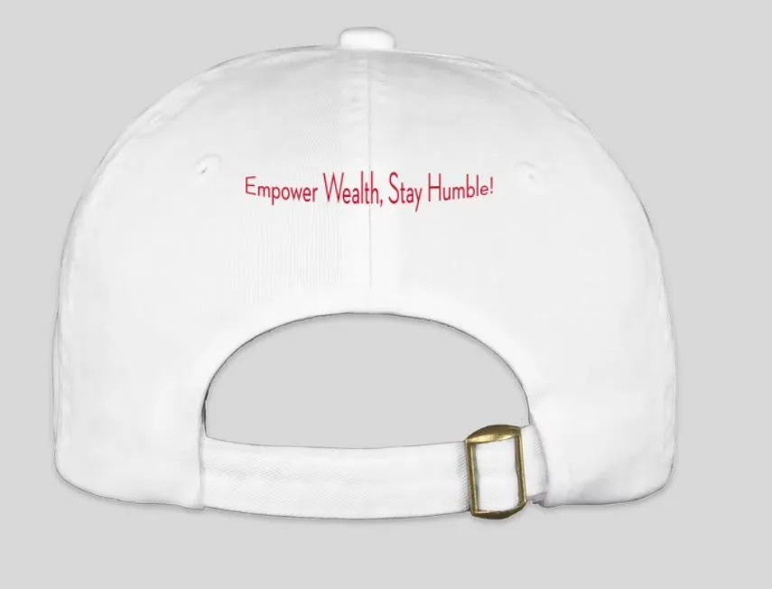 White ball cap with Grey and red logo design, back view