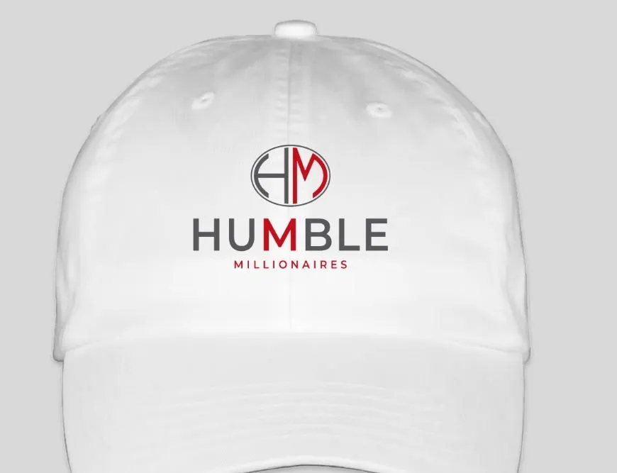 White ball cap with Grey and red logo design, front view